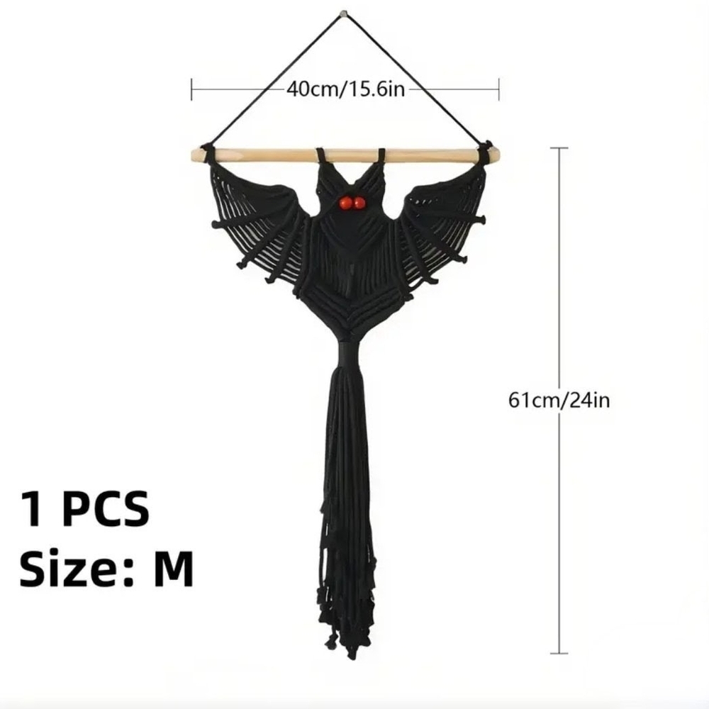 Black Macrame Bat Wall Hanging Decor SET OF 2 - Picture 3 of 4